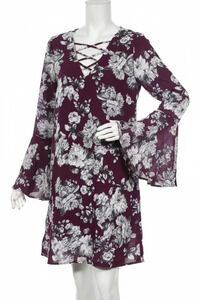 Boho Purple Floral V-Neck Shift Dress M Bell Sleeves Hippie Festival Style